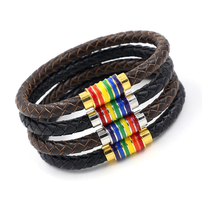 Gay Europe And America Woven Leather Rainbow Colorful Bracelet