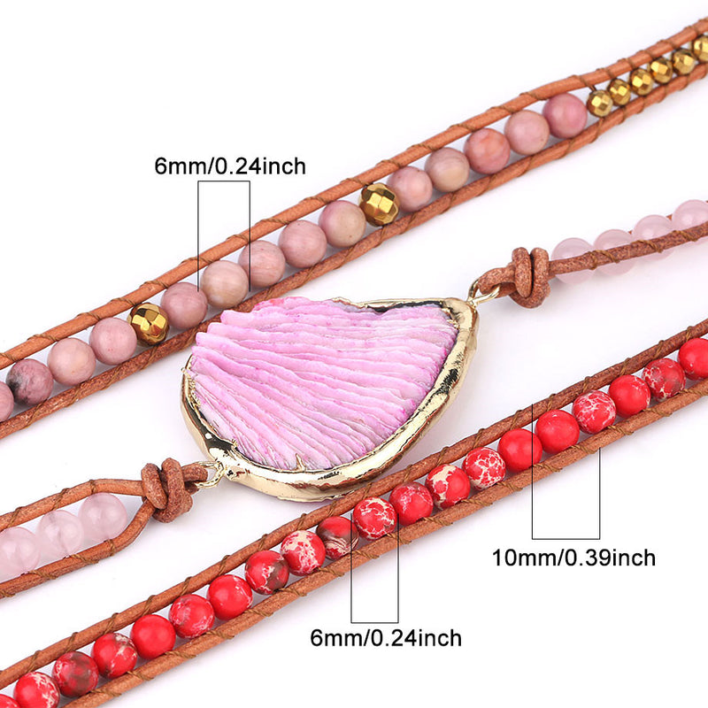 Bohemian Pink Coral Leather Beaded Bracelet