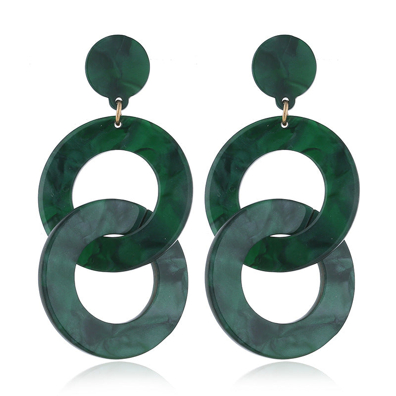 Long geometric double ring round earrings