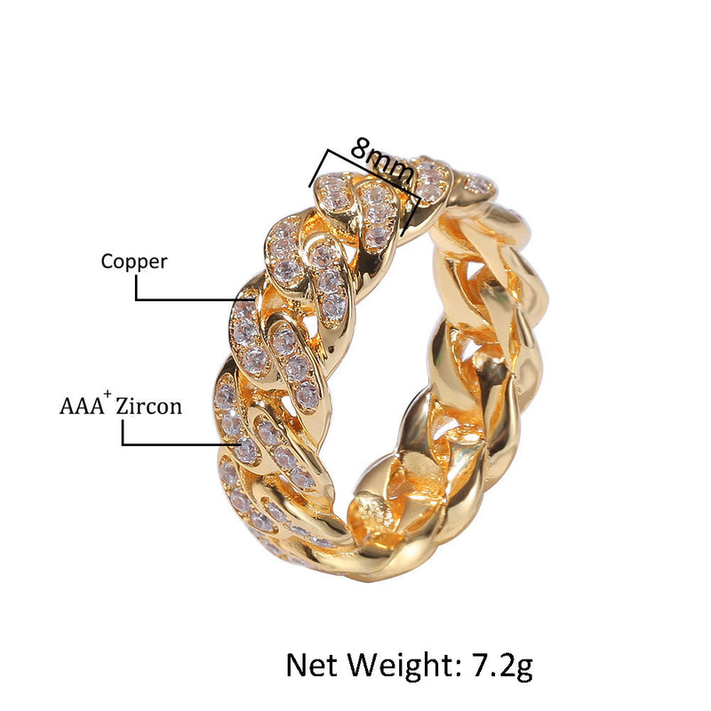 Zircon Cuban Chain Ring Men's Full Zirconium Plating