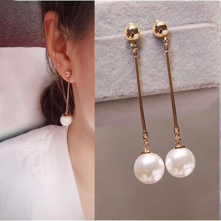 Temperament net red simple long tassel pearl earrings