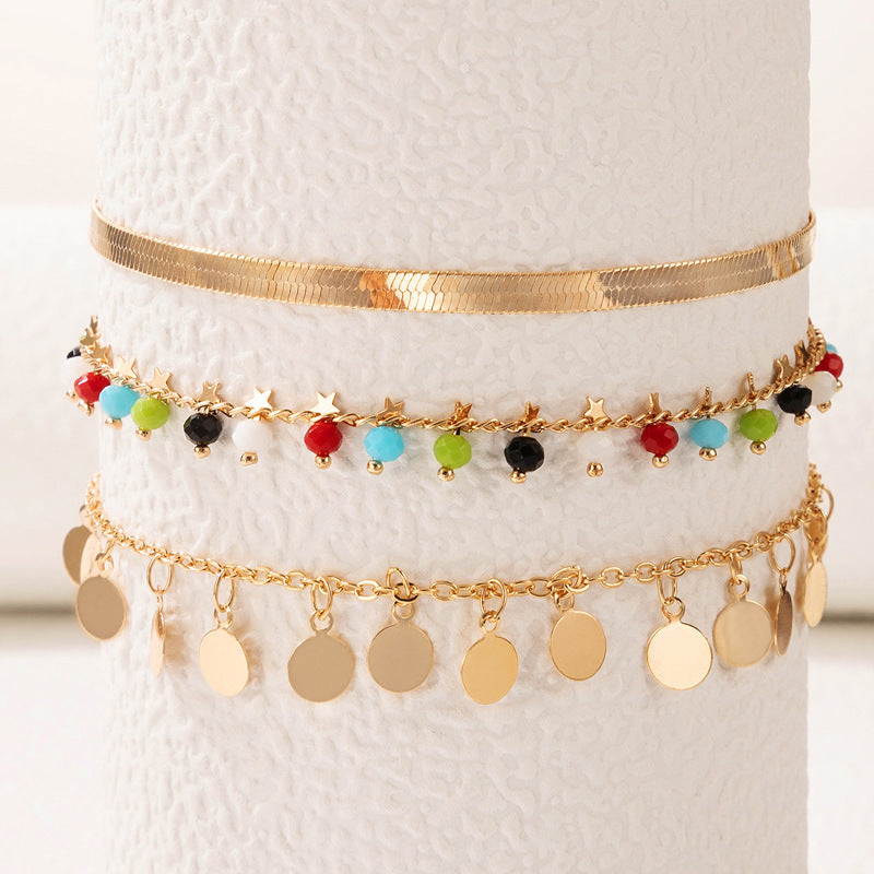 Colorful Beaded Star Three Layer Anklet