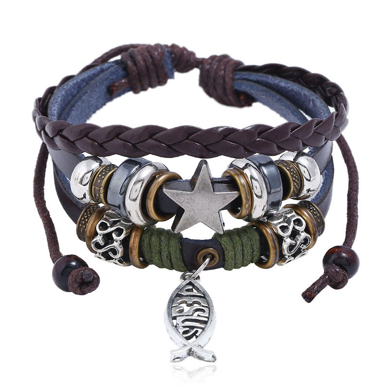New Beaded Leather Bracelet With Jesus,Fish And Cross Charms