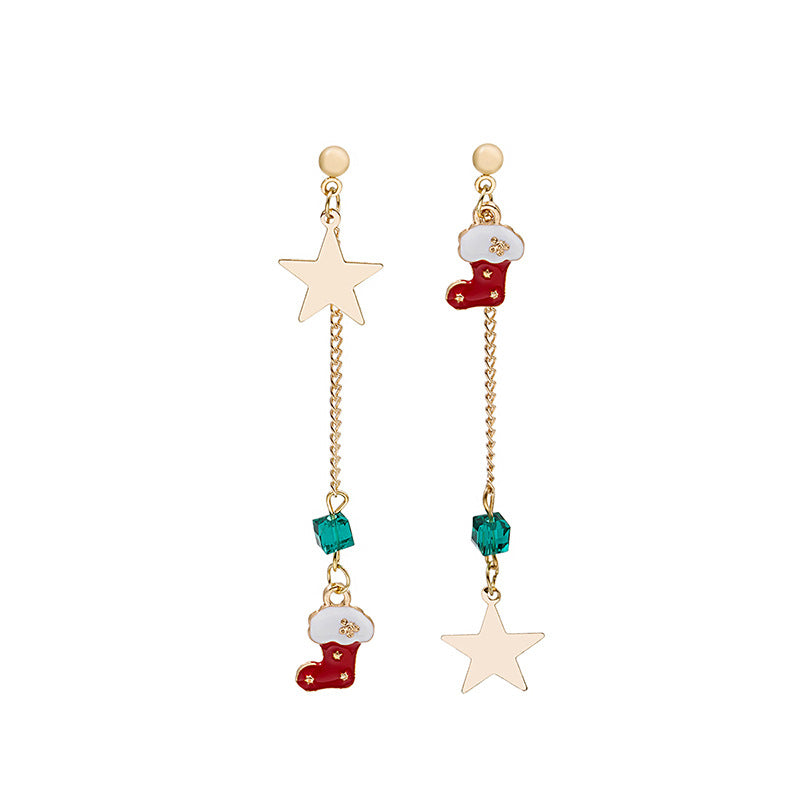 Asymmetrical Tassel Dripping Oil Snowman Bell Pendant Christmas Earrings