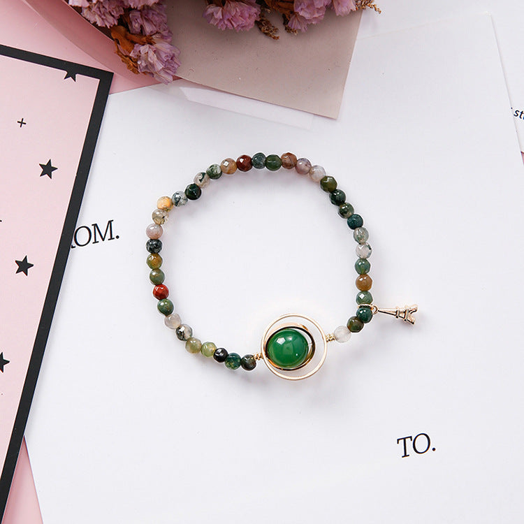 Women's Sweet Simple Hollow Geometric Round Crystal Beaded Bracelet With Tower Charm