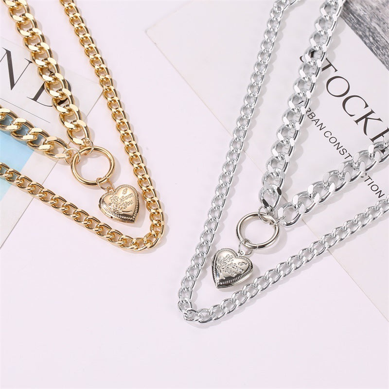 Double Heart Pendant Thick Chain Necklace