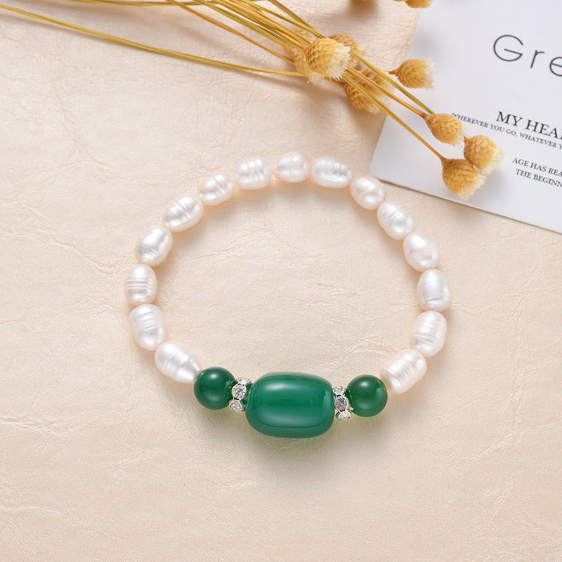 Simple Freshwater Pearl & Chalcedony Agate Stone Rice Bead Bracelet