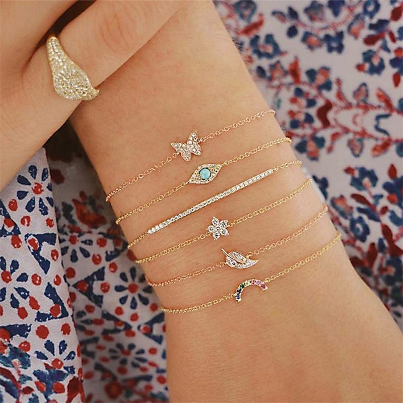 6 Pcs Set Punk Butterfly Eye Star Moon Leaves Crystal Gem Shiny Gold Multilayer Chain Bracelet Set Women Exquisite Party Jewelry