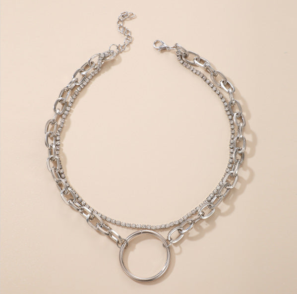 Thin And Thick Chain With Diamond Circle Hollow Necklace