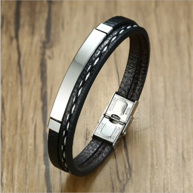 Stainless steel leather bracelet curved brand PU leather braid