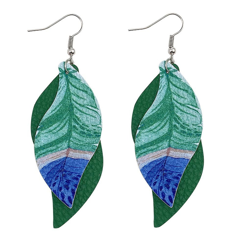 Leaf Leather Earrings Double Feather Print Leather Earrings Women