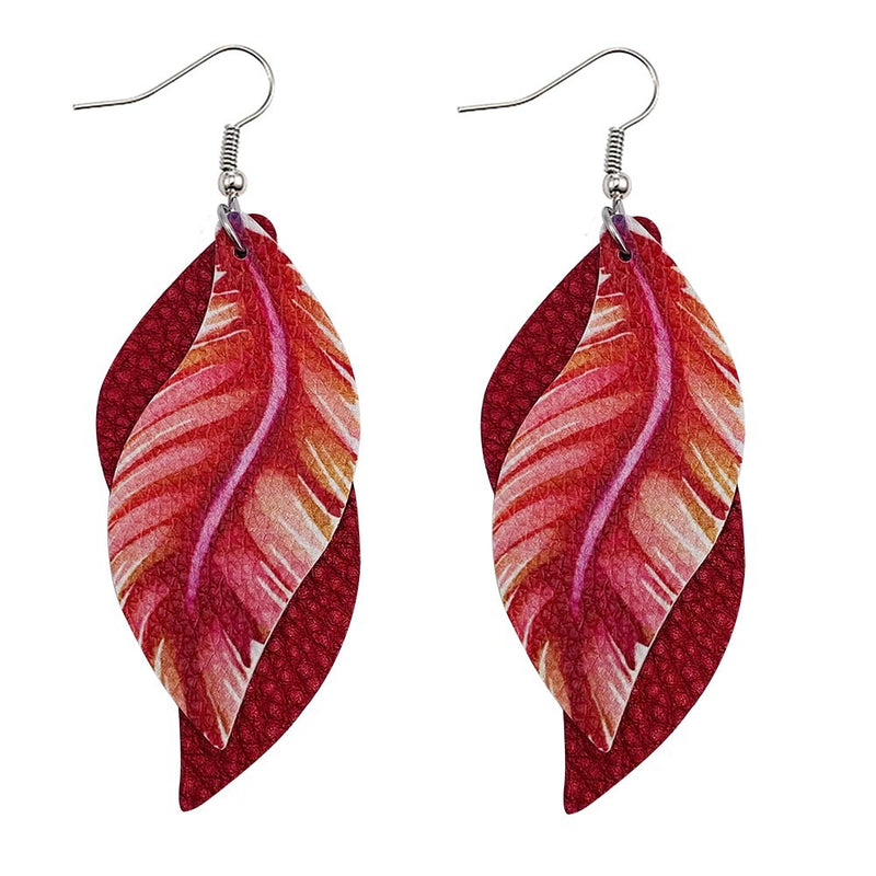 Leaf Leather Earrings Double Feather Print Leather Earrings Women