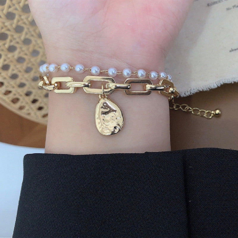 Double-layer Pearl Portrait Gold Coin Temperament Simple And Versatile Bracelet