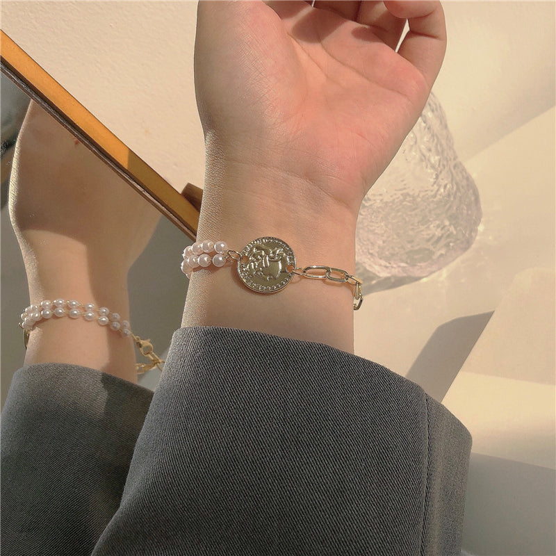 Double-layer Pearl Portrait Gold Coin Temperament Simple And Versatile Bracelet