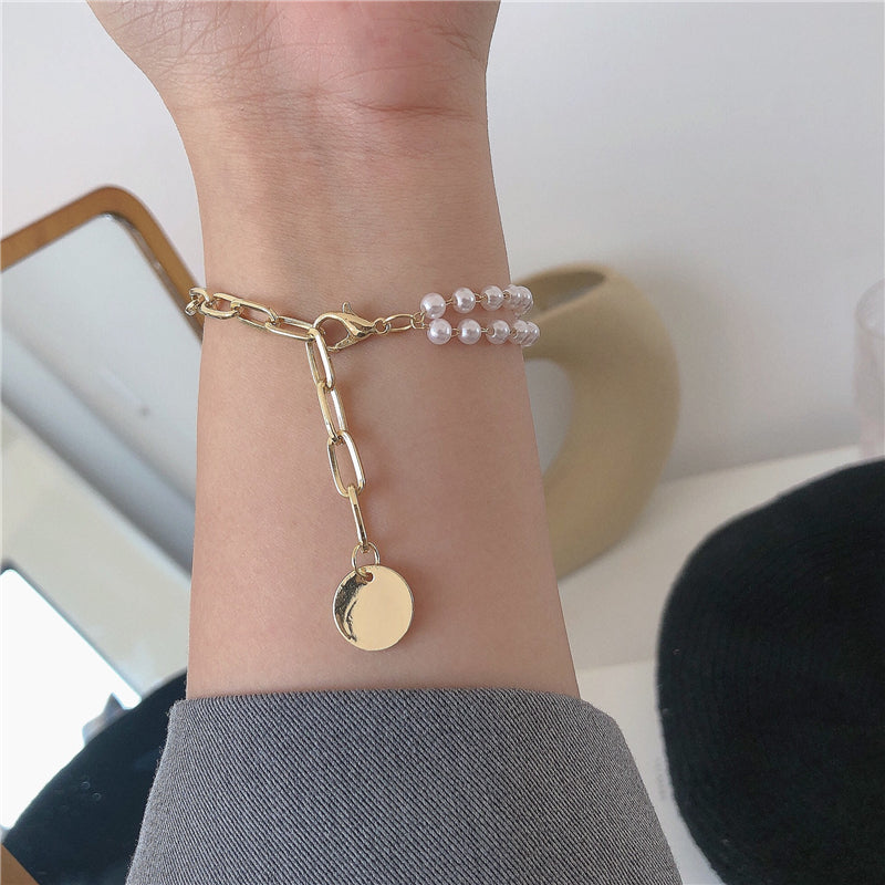 Double-layer Pearl Portrait Gold Coin Temperament Simple And Versatile Bracelet