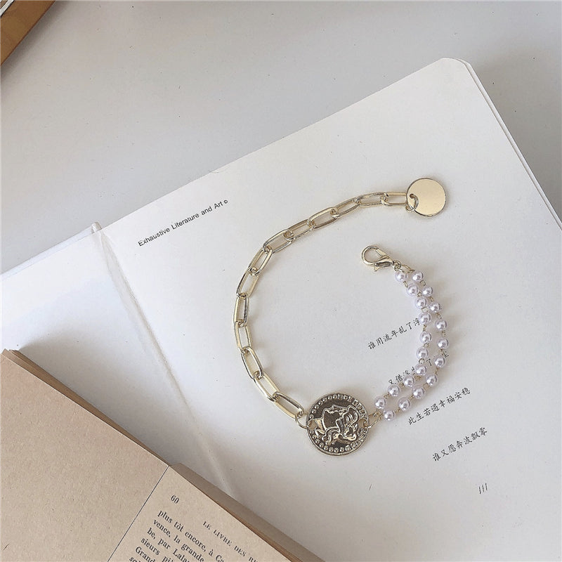 Double-layer Pearl Portrait Gold Coin Temperament Simple And Versatile Bracelet