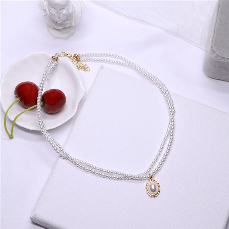 Retro Baroque Court Style Necklace double pearl neck chain fashion clavicle chain Choker neck accessories women