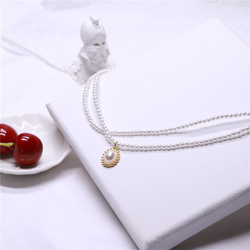 Retro Baroque Court Style Necklace double pearl neck chain fashion clavicle chain Choker neck accessories women