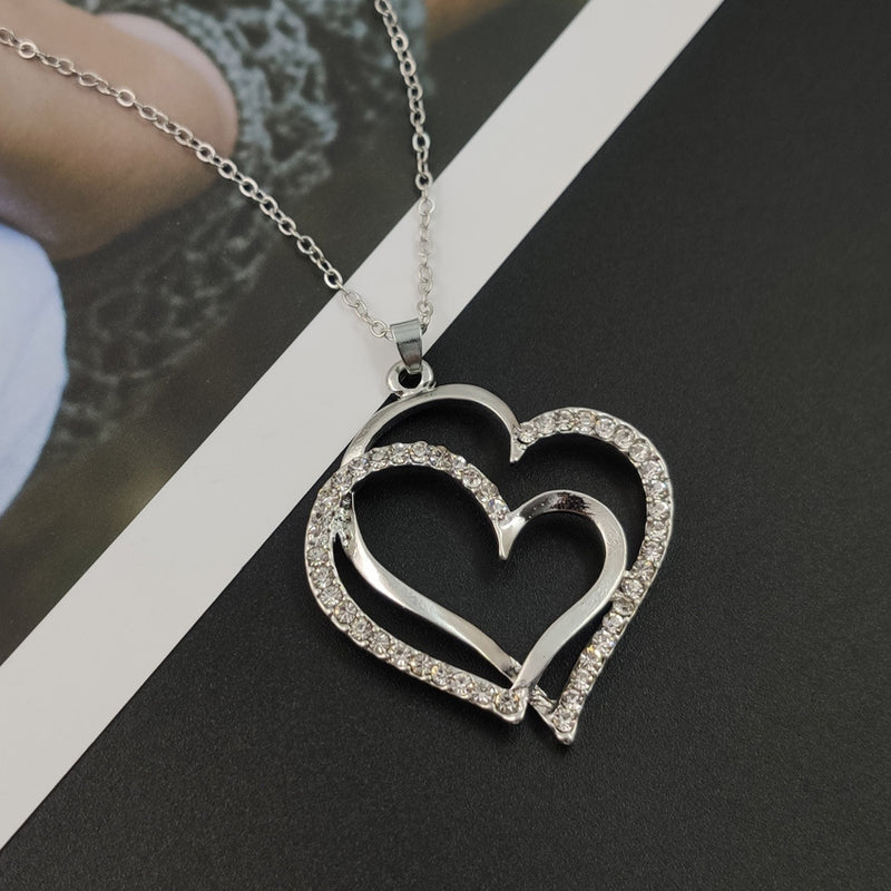 Full Diamond Alloy Silver Double Peach Heart Pendant