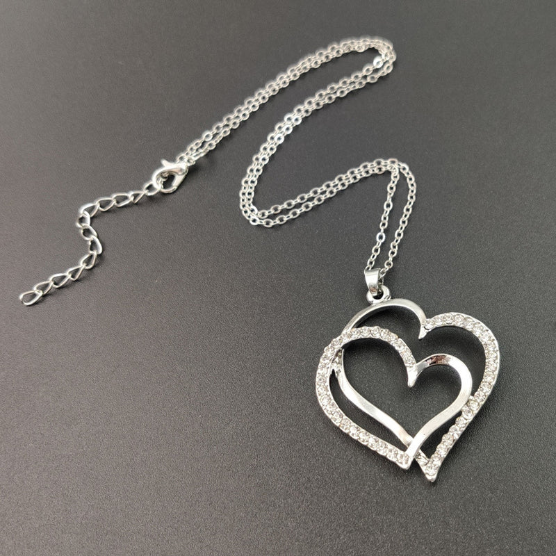 Full Diamond Alloy Silver Double Peach Heart Pendant