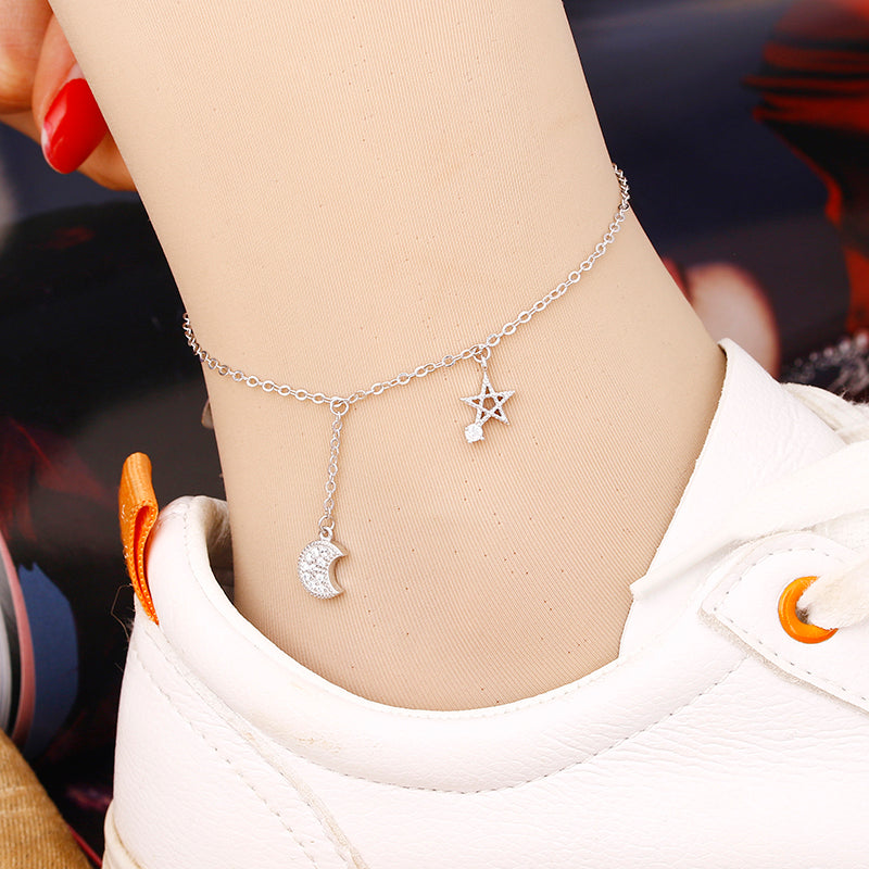 Personality Star And Moon Asymmetric Sterling Silver Anklet