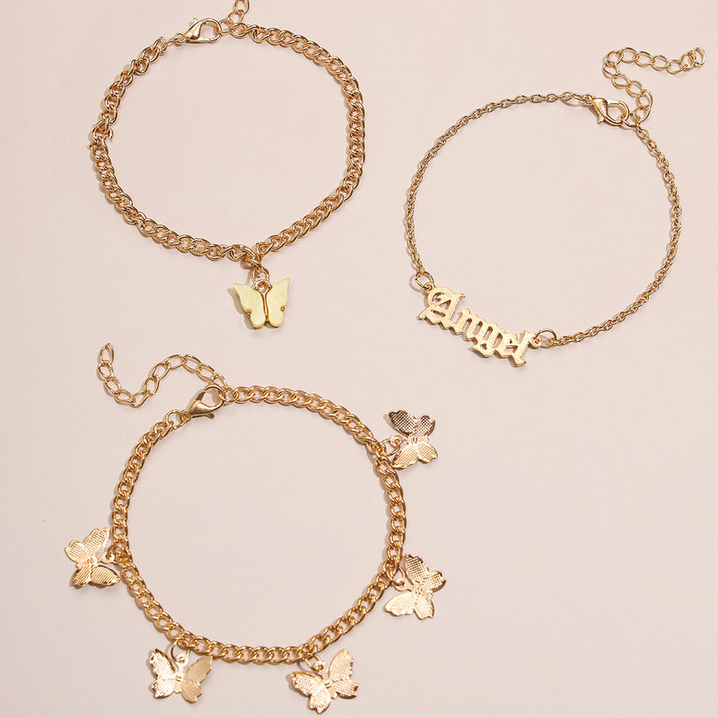 European and American Jane Flower Butterfly Tassel Anklet 3-Piece Set