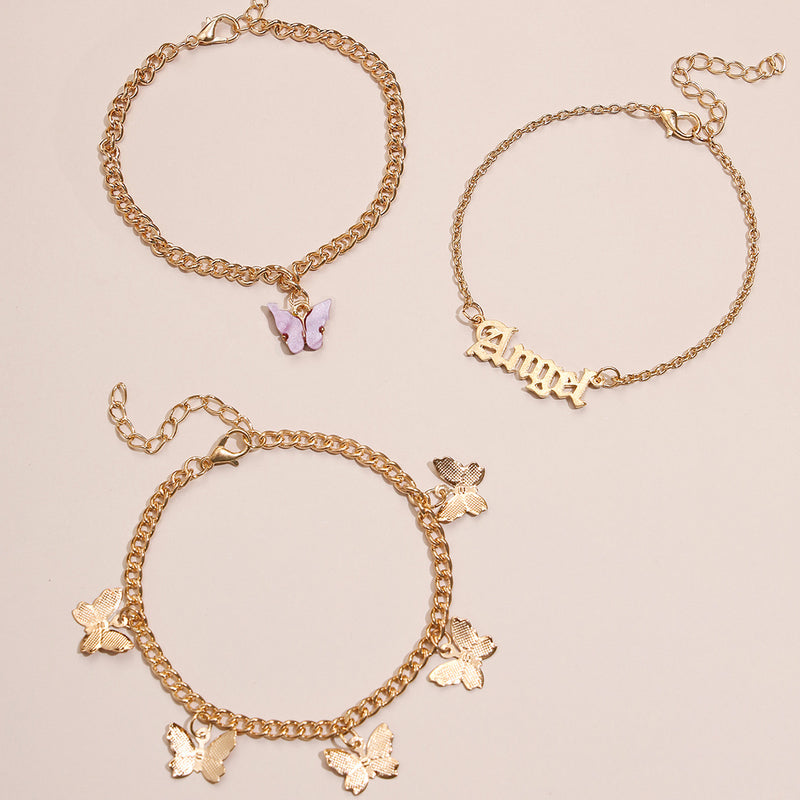 European and American Jane Flower Butterfly Tassel Anklet 3-Piece Set