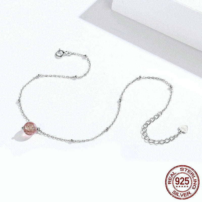 Pink Strawberry Crystal Anklet Sterling Silver S925 Platinum Plated
