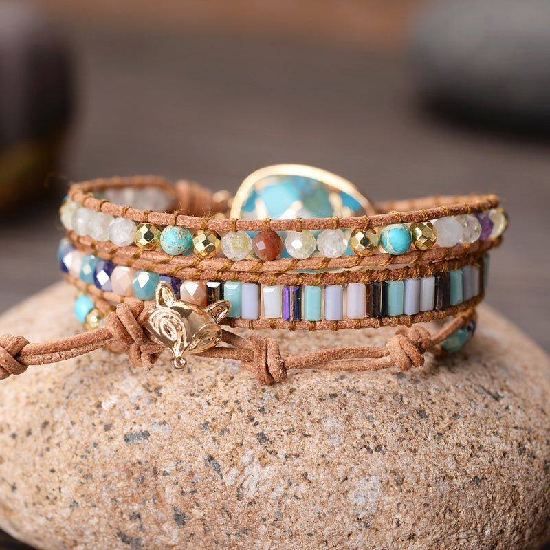 Natural Turquoise Bracelet Hand-Woven Beaded Stone Crystal Bracelet