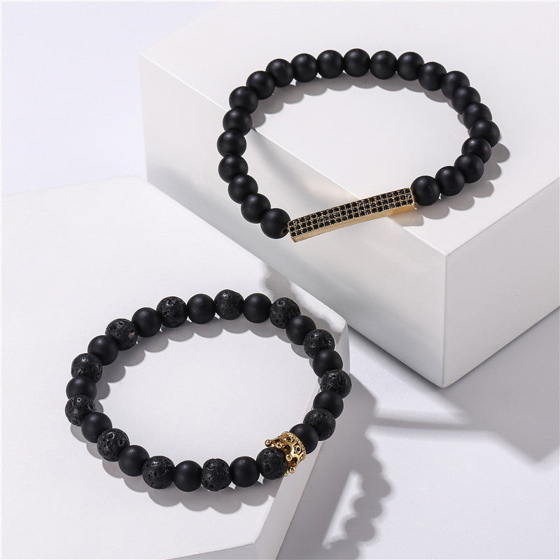 Black Frosted Lava Stone Mixed With Zircon Small Crown Long Strip Suit Bracelet Bracelet Set