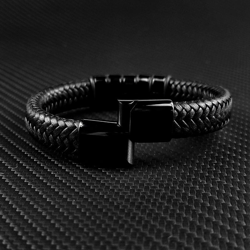 Titanium Stainless Steel Leather Bead Charm Bracelet