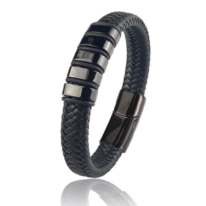 Titanium Stainless Steel Leather Bead Charm Bracelet