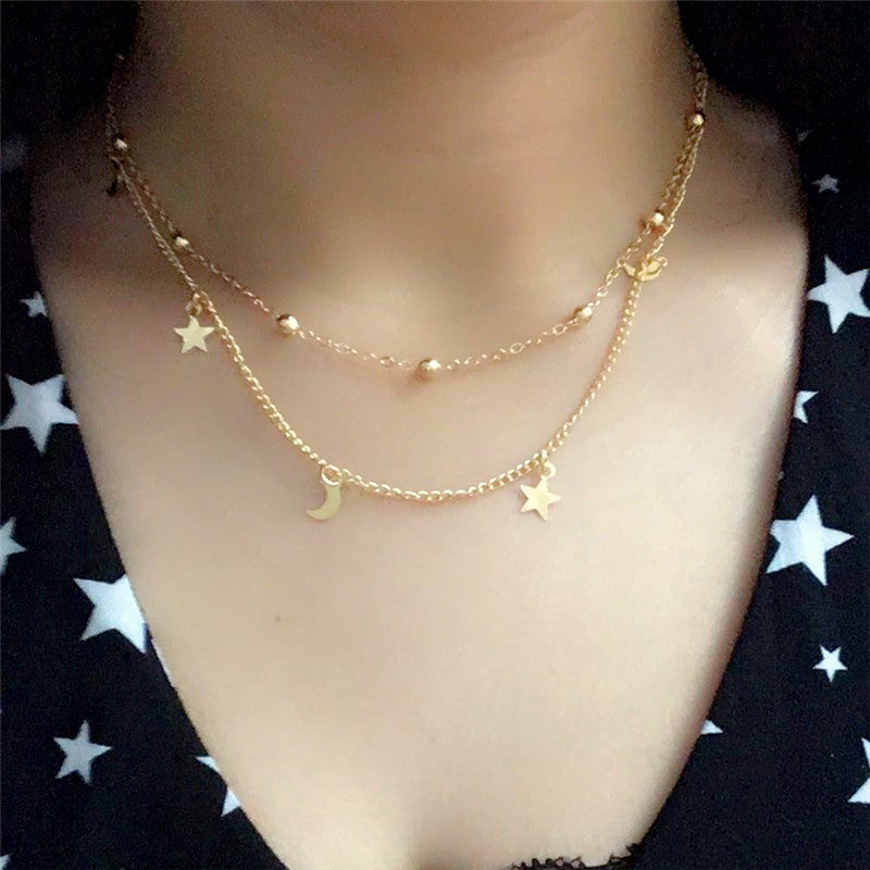 Retro Simple Layered Necklace Moon Star Sequined Layered Necklace