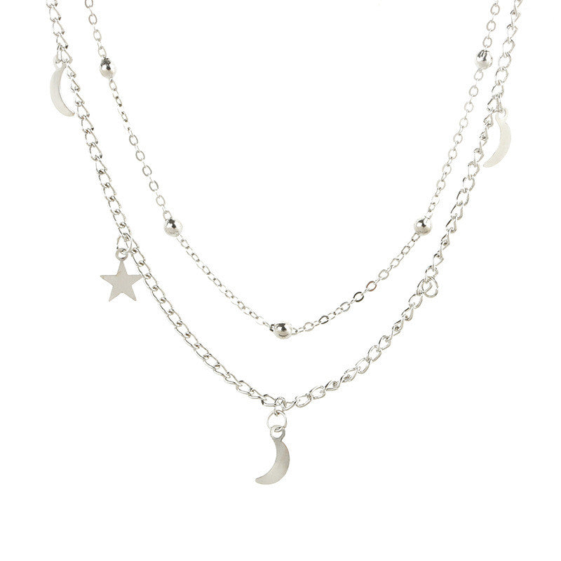 Retro Simple Layered Necklace Moon Star Sequined Layered Necklace