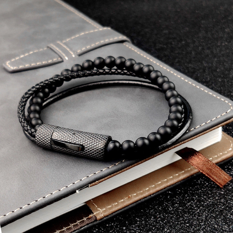 Stainless Steel Bracelet New Snap Beaded Black Leather Black Bracelet For Men