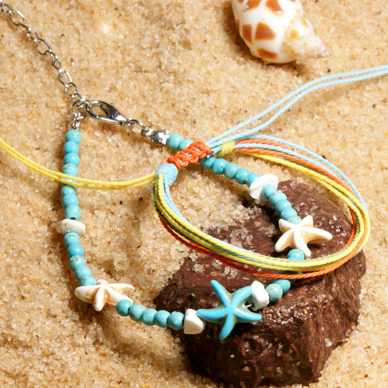 Cotton Woven Starfish Anklet 4mm Synthetic Turquoise Beaded Female Bracelet