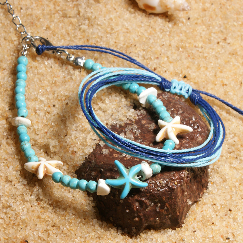 Cotton Woven Starfish Anklet 4mm Synthetic Turquoise Beaded Female Bracelet