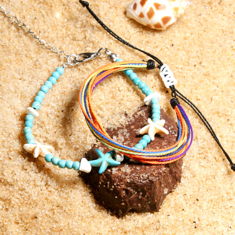 Cotton Woven Starfish Anklet 4mm Synthetic Turquoise Beaded Female Bracelet