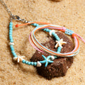 Cotton Woven Starfish Anklet 4mm Synthetic Turquoise Beaded Female Bracelet