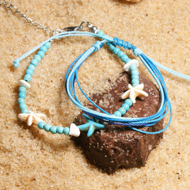 Cotton Woven Starfish Anklet 4mm Synthetic Turquoise Beaded Female Bracelet