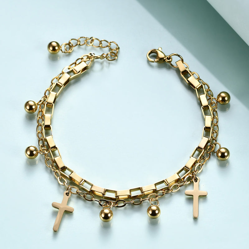 Fashion Titanium Steel Cross Double Layer Bracelet
