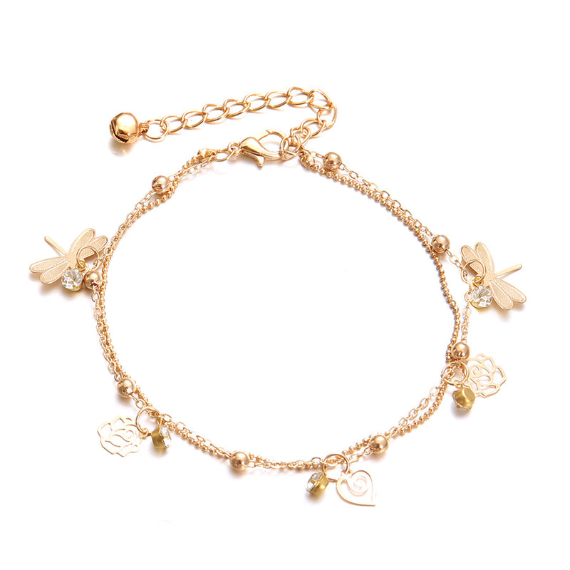 Beach Style Diamond-Studded Small Dragonfly Anklet