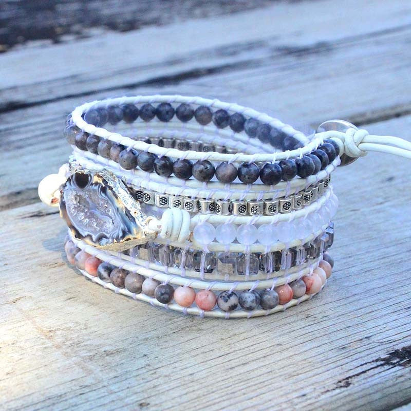 Natural Agate Stone Crystal with White Leather Cord Hand-Woven Bracelet