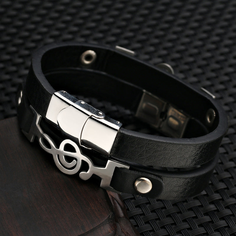 Men's Leather Stainless Steel Musical Note Bracelet