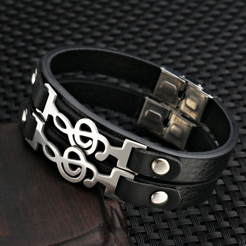 Men's Leather Stainless Steel Musical Note Bracelet