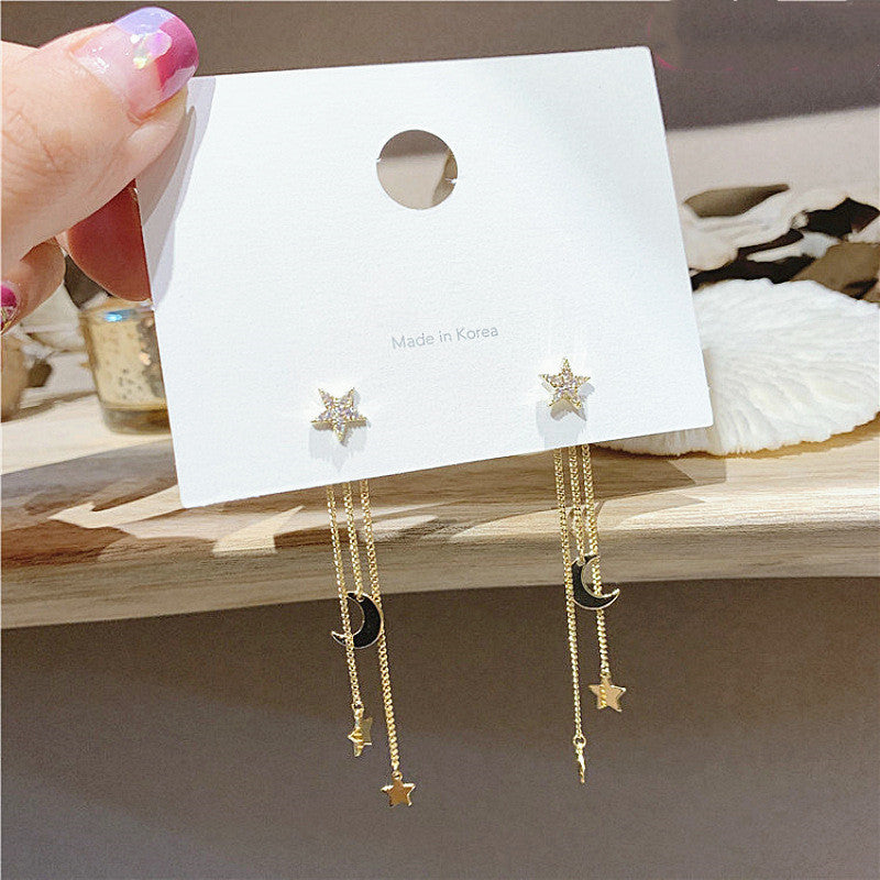 Silver Needle Stars Moon Long Tassel Earrings Earline Pendant Female