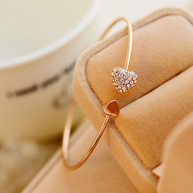 Double Heart-Shaped with Diamond Bangle Bracelet