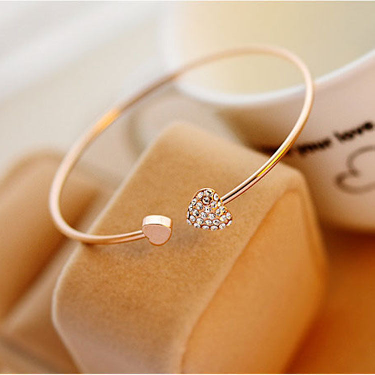 Double Heart-Shaped with Diamond Bangle Bracelet