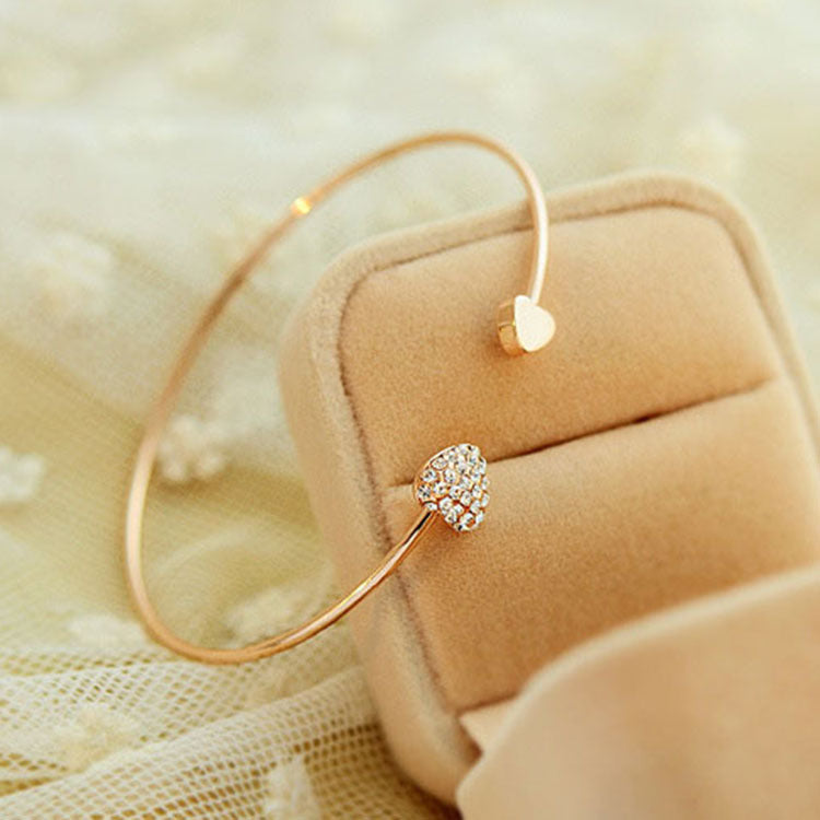 Double Heart-Shaped with Diamond Bangle Bracelet