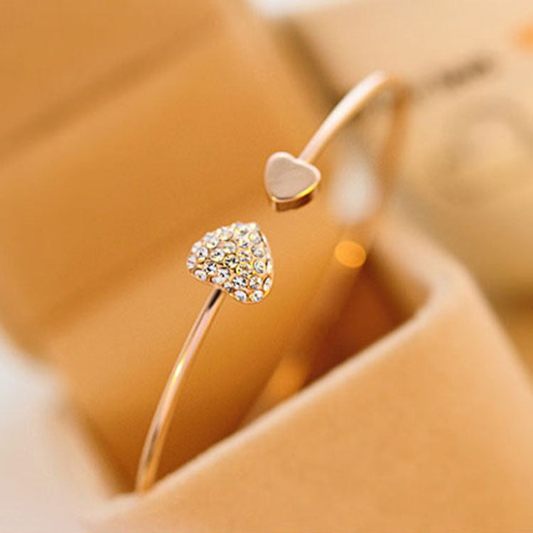 Double Heart-Shaped with Diamond Bangle Bracelet